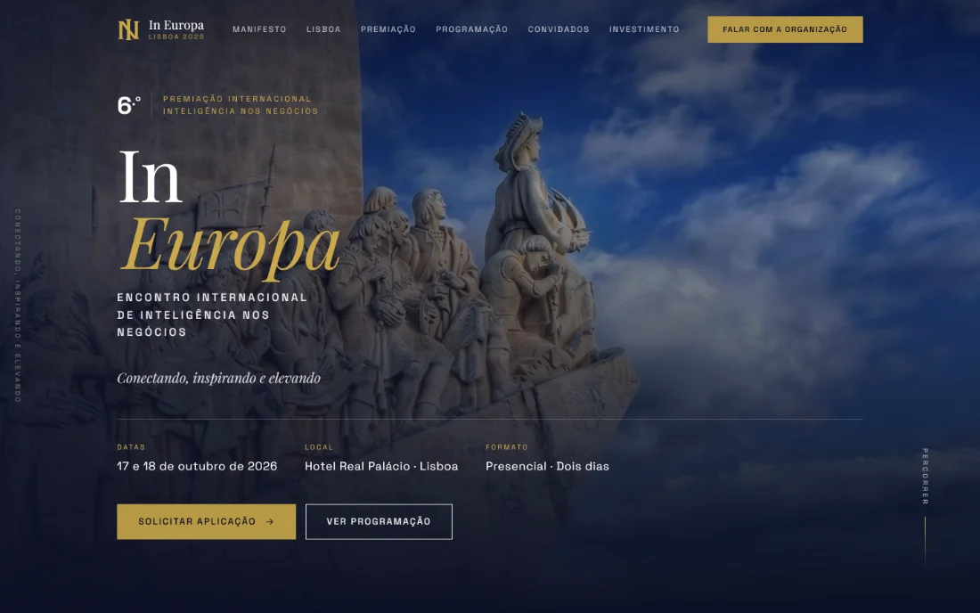 Página inicial do site do In Europa, encontro internacional em Lisboa, entregue pela Livson Tecnologia